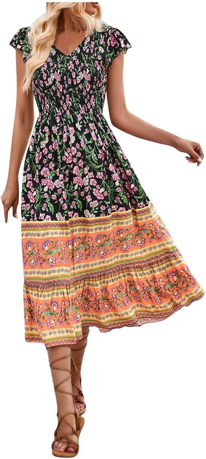 Boho Dresses for Women Floral Printed Short Sleeve V Neck Maxi Dress Flowy A Line Casual Long Dress