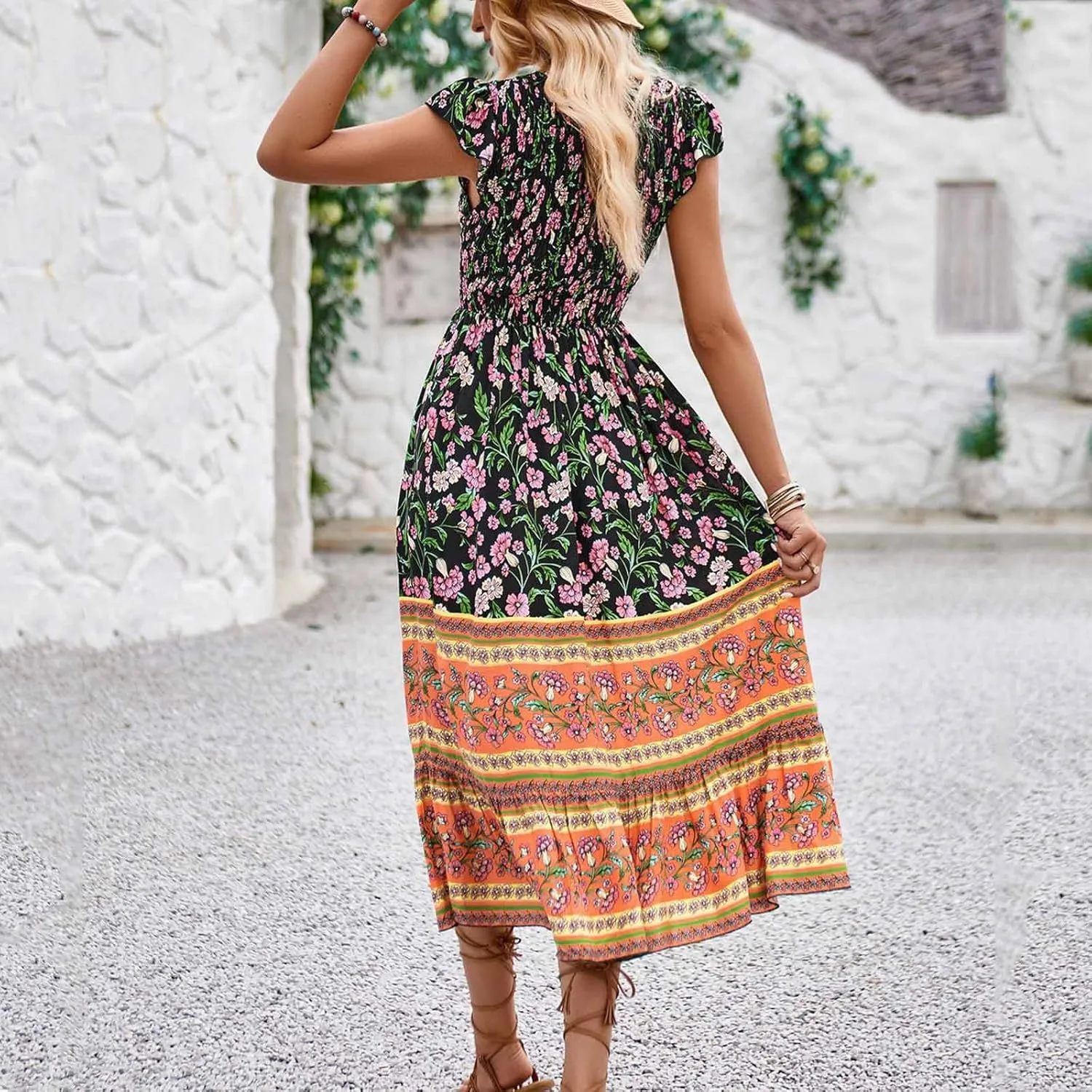 Boho Dresses for Women Floral Printed Short Sleeve V Neck Maxi Dress Flowy A Line Casual Long Dress