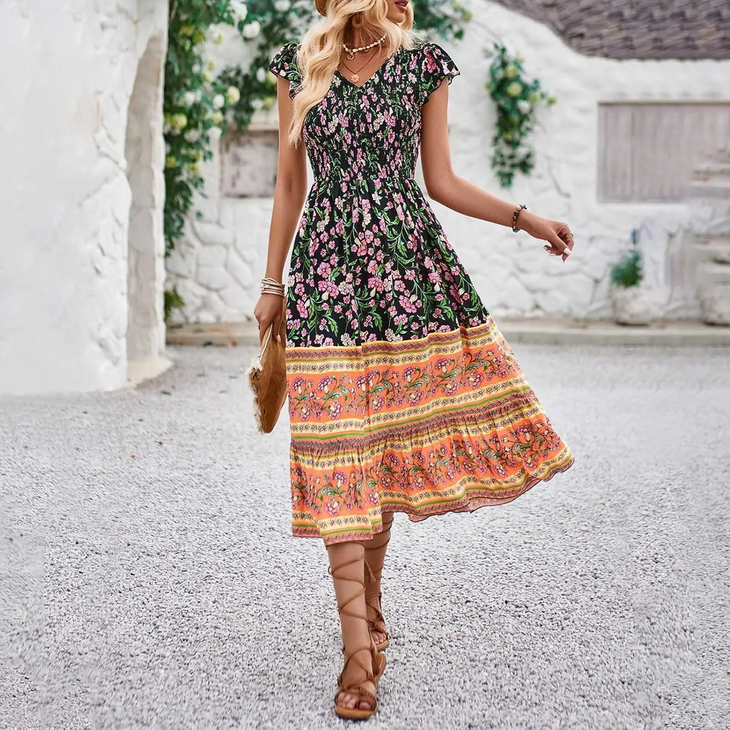 Boho Dresses for Women Floral Printed Short Sleeve V Neck Maxi Dress Flowy A Line Casual Long Dress