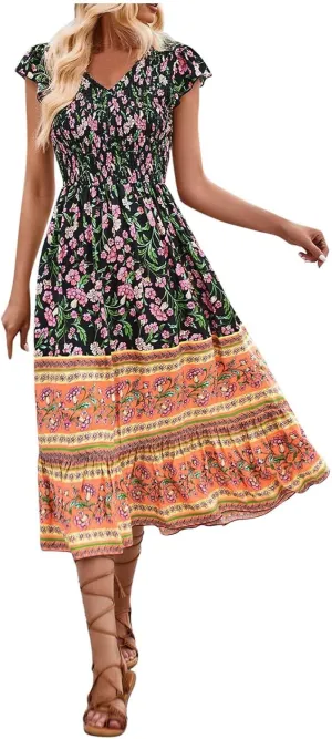 Boho Dresses for Women Floral Printed Short Sleeve V Neck Maxi Dress Flowy A Line Casual Long Dress