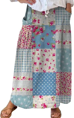 Boho Floral Summer Maxi Skirts Women Elastic High Waist Tiered Pleated Flowy Long Casual Beach Skirt