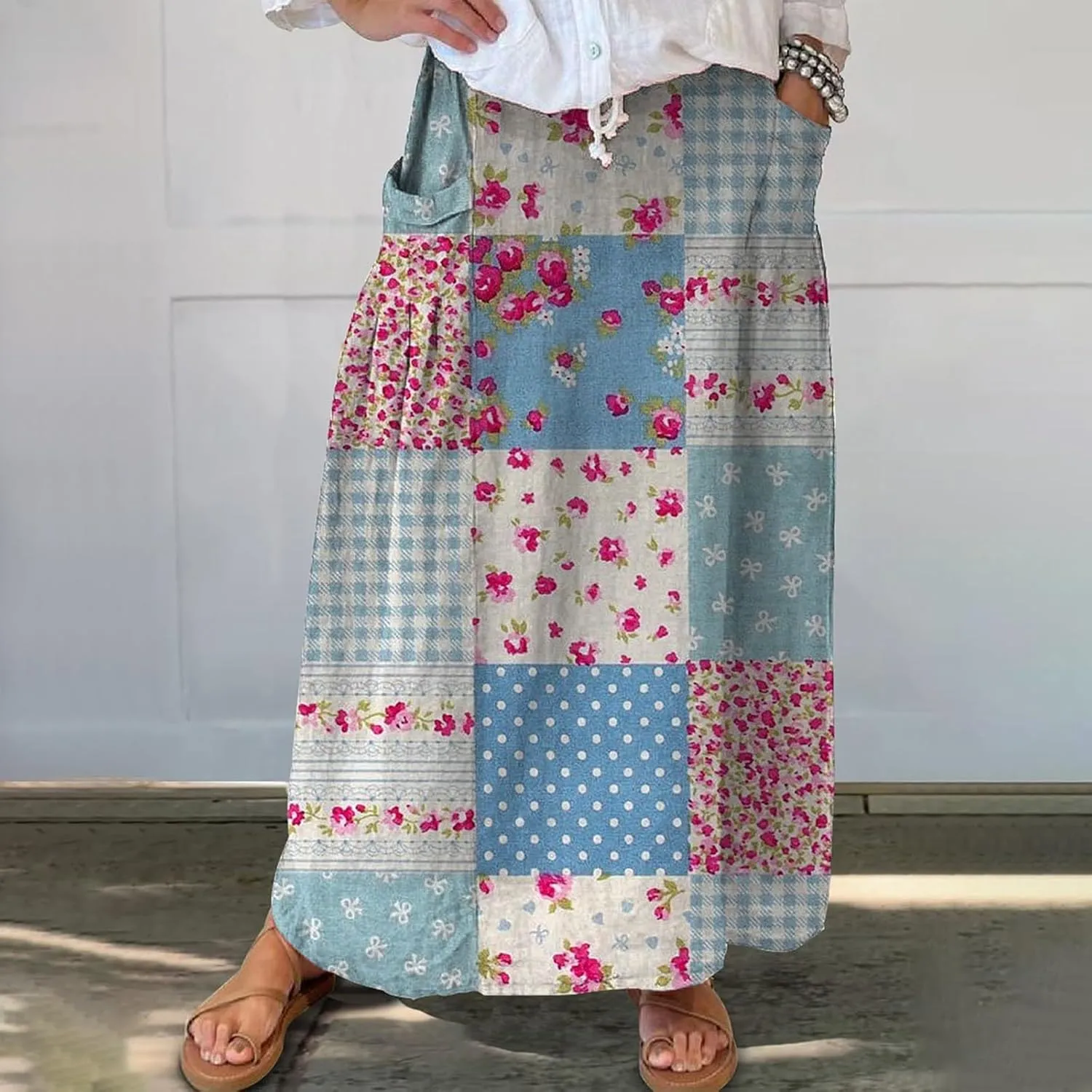 Boho Floral Summer Maxi Skirts Women Elastic High Waist Tiered Pleated Flowy Long Casual Beach Skirt