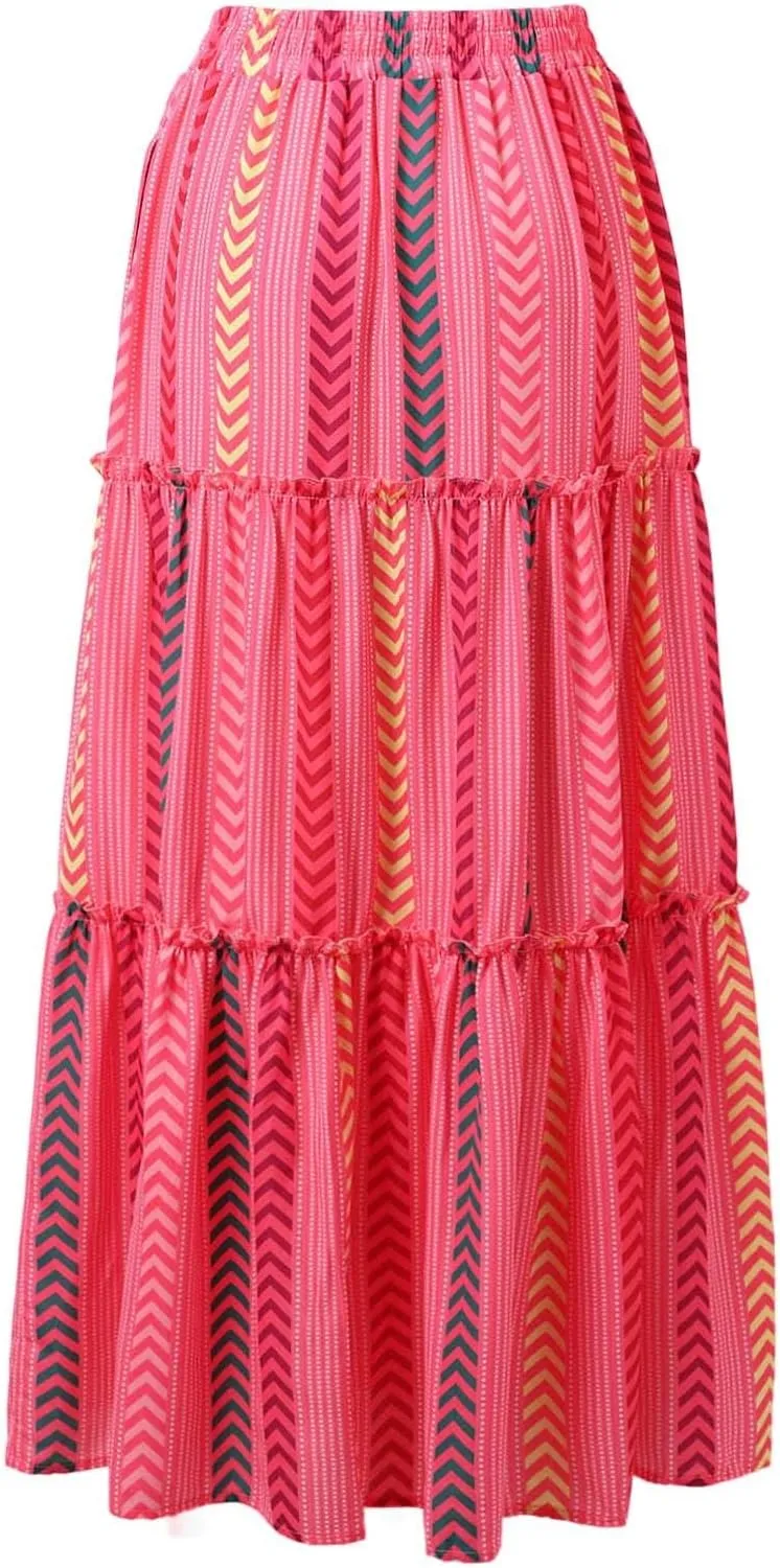 Boho Maxi Skirt for Women Elastic High Waist Tiered Pleated Ruffle Flowy Summer Beach Long Skirts with Pockets