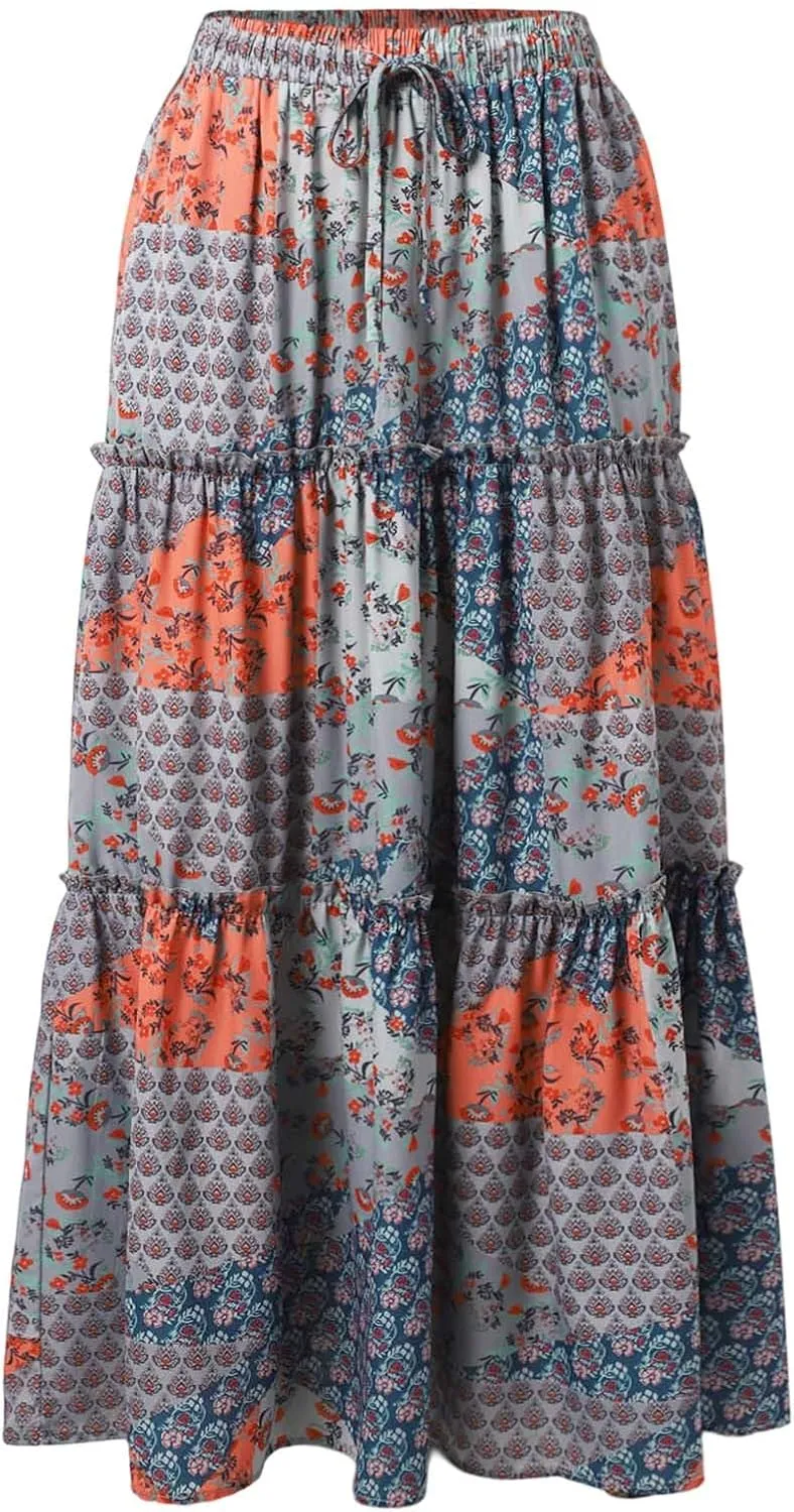 Boho Maxi Skirt for Women Elastic High Waist Tiered Pleated Ruffle Flowy Summer Beach Long Skirts with Pockets