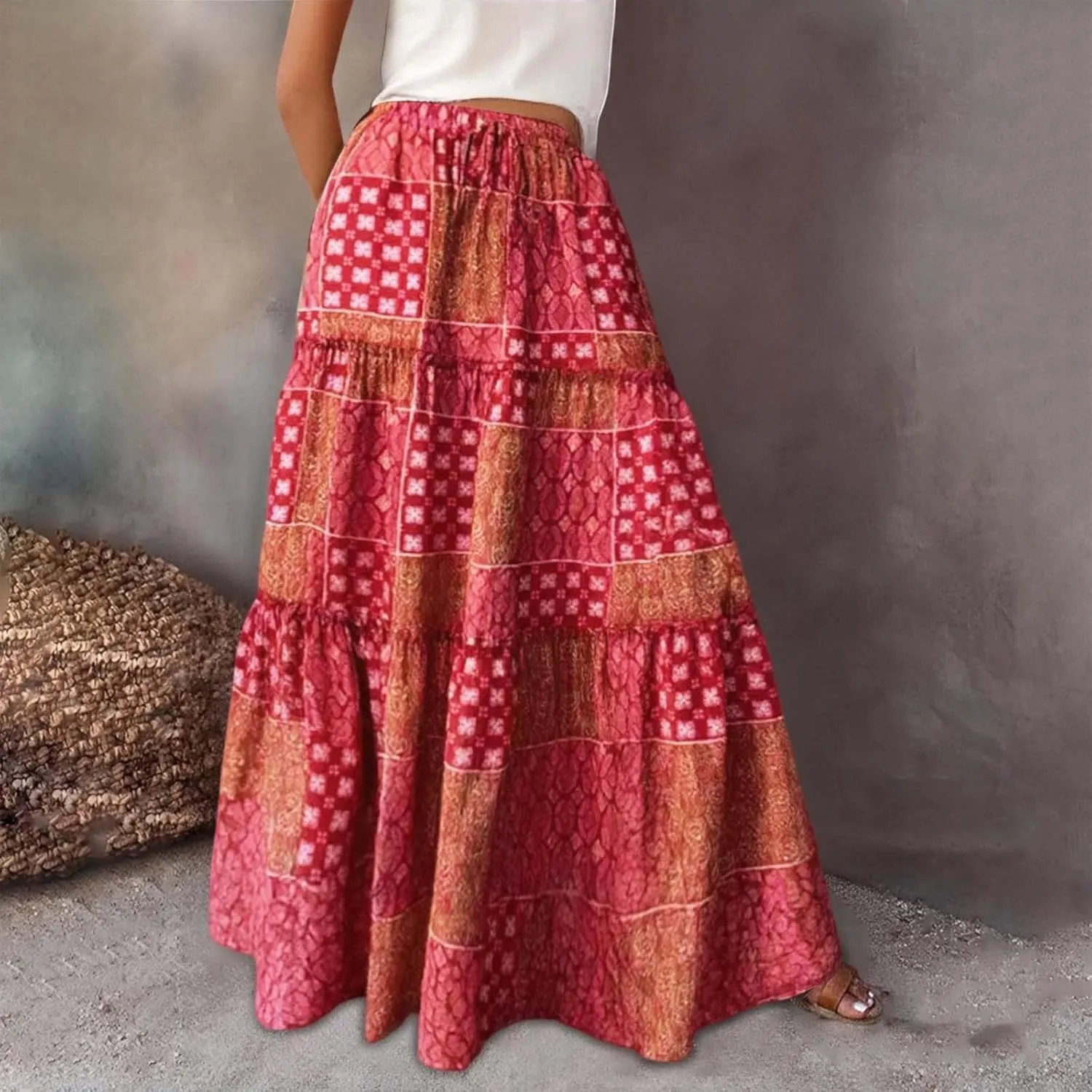 Boho Maxi Skirt for Women Elastic High Waist Tiered Pleated Ruffle Flowy Summer Beach Long Skirts with Pockets