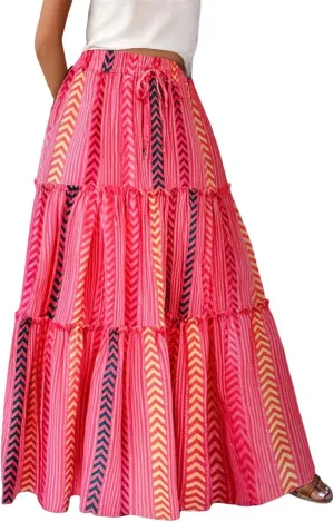 Boho Maxi Skirt for Women Elastic High Waist Tiered Pleated Ruffle Flowy Summer Beach Long Skirts with Pockets