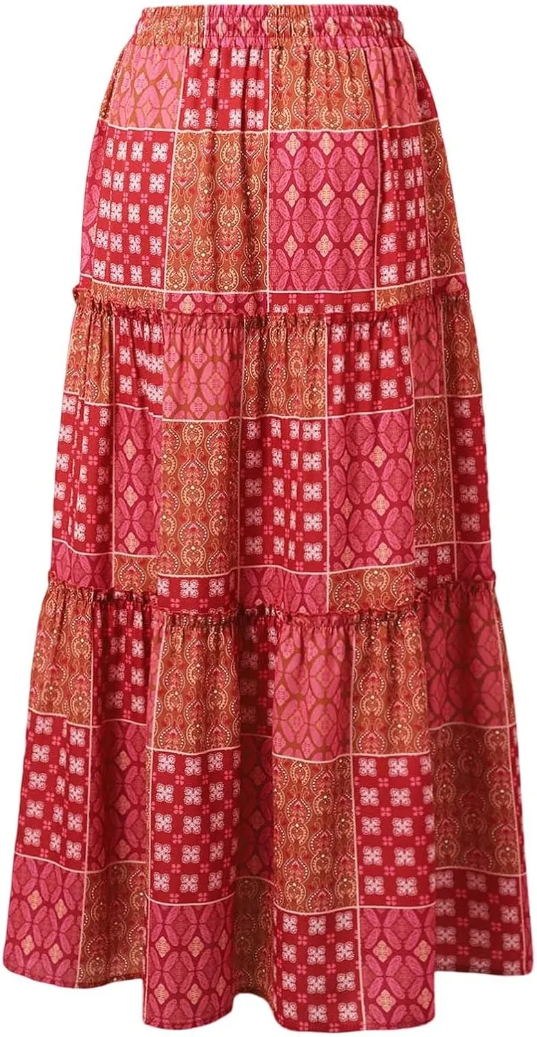Boho Maxi Skirt for Women Elastic High Waist Tiered Pleated Ruffle Flowy Summer Beach Long Skirts with Pockets