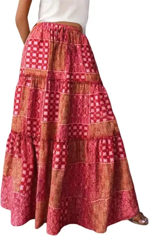 Boho Maxi Skirt for Women Elastic High Waist Tiered Pleated Ruffle Flowy Summer Beach Long Skirts with Pockets