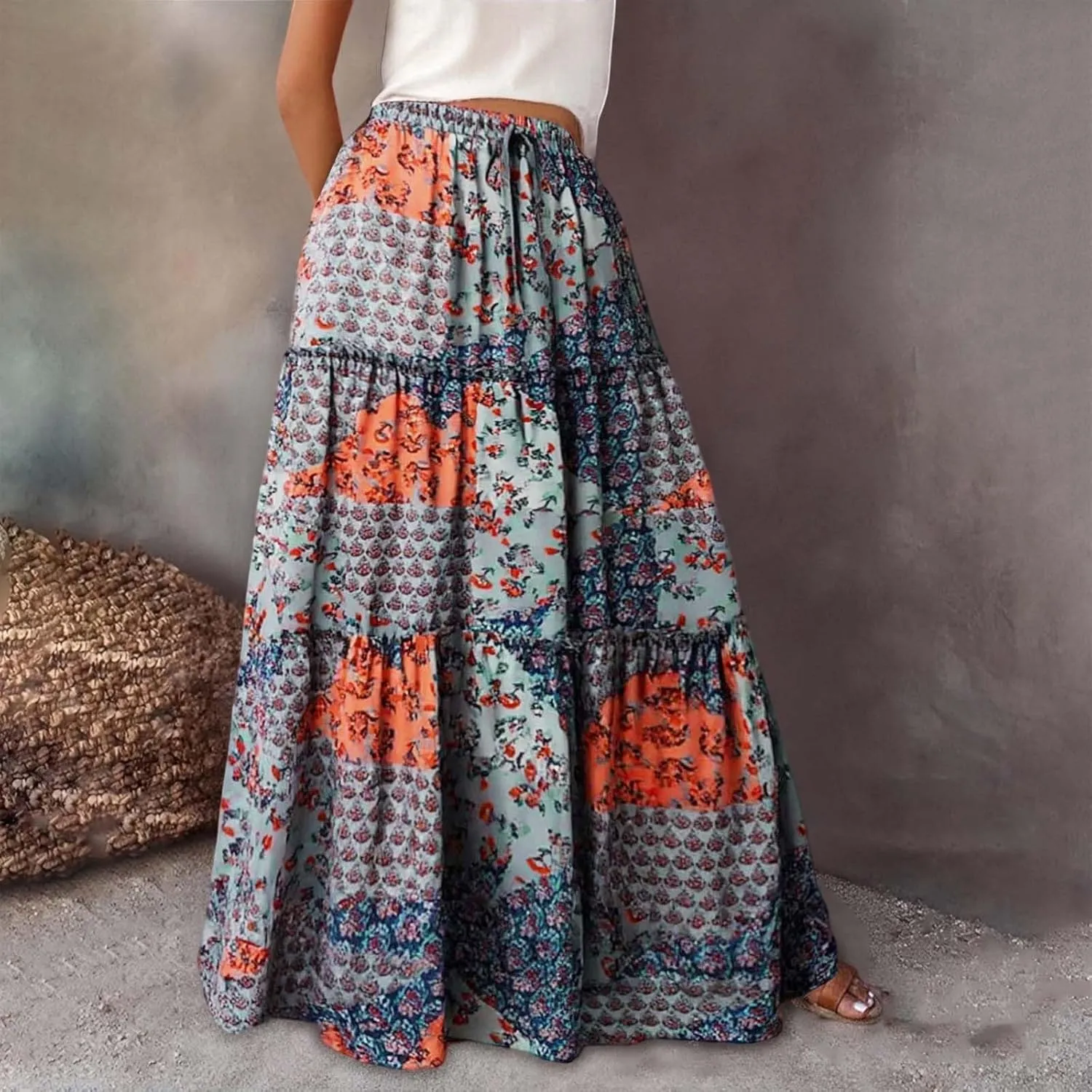 Boho Maxi Skirt for Women Elastic High Waist Tiered Pleated Ruffle Flowy Summer Beach Long Skirts with Pockets
