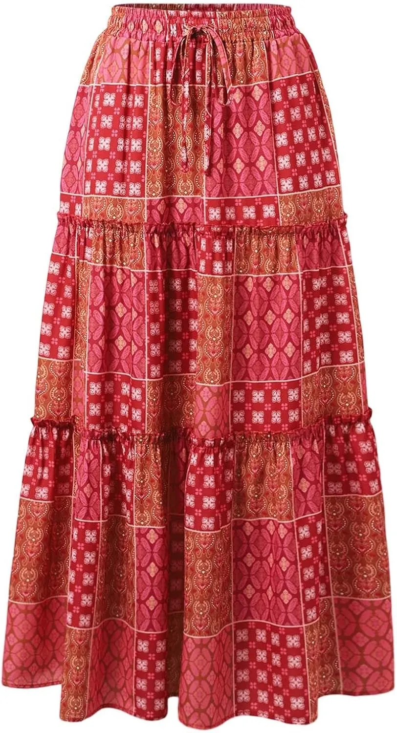 Boho Maxi Skirt for Women Elastic High Waist Tiered Pleated Ruffle Flowy Summer Beach Long Skirts with Pockets