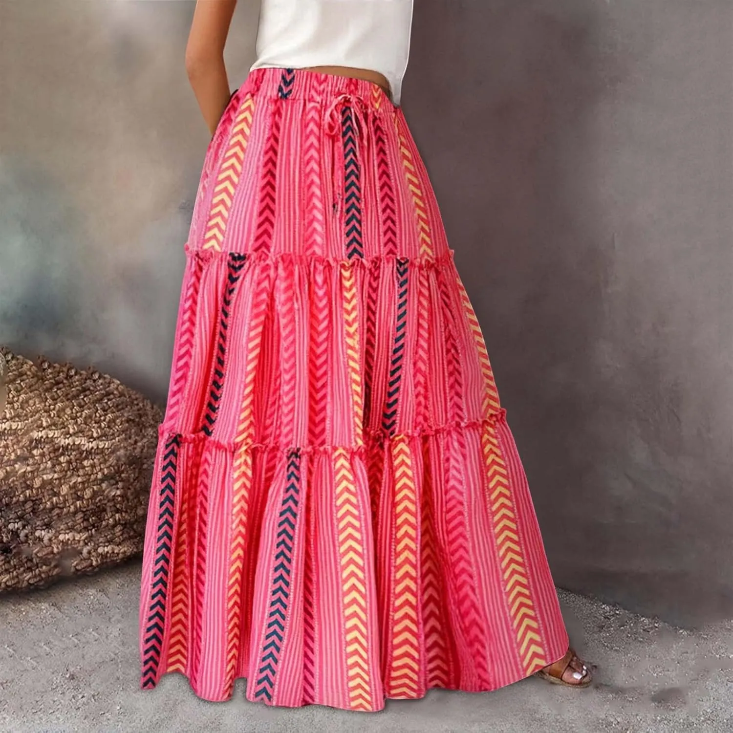 Boho Maxi Skirt for Women Elastic High Waist Tiered Pleated Ruffle Flowy Summer Beach Long Skirts with Pockets