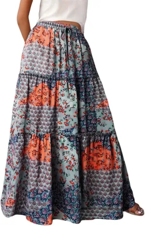 Boho Maxi Skirt for Women Elastic High Waist Tiered Pleated Ruffle Flowy Summer Beach Long Skirts with Pockets