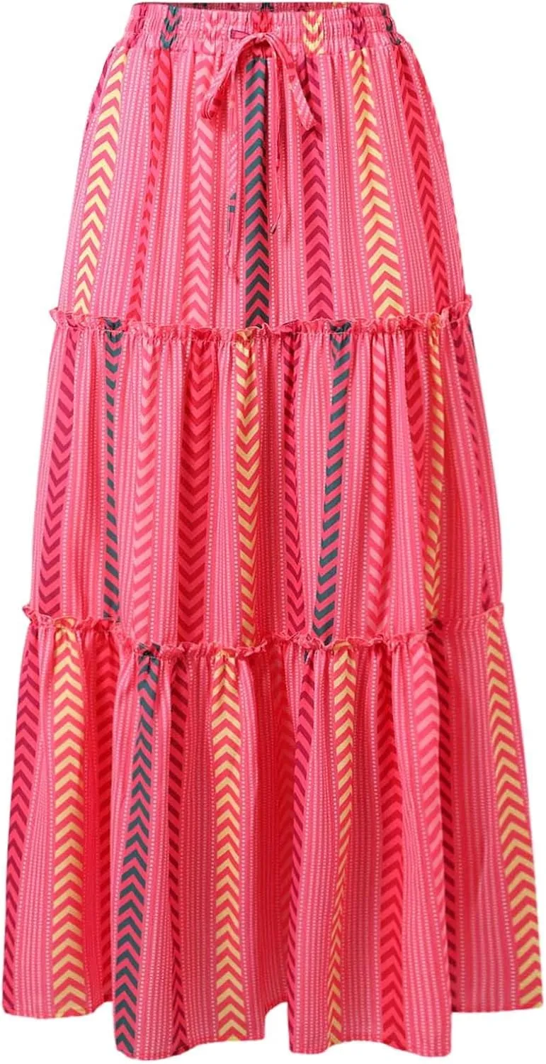 Boho Maxi Skirt for Women Elastic High Waist Tiered Pleated Ruffle Flowy Summer Beach Long Skirts with Pockets