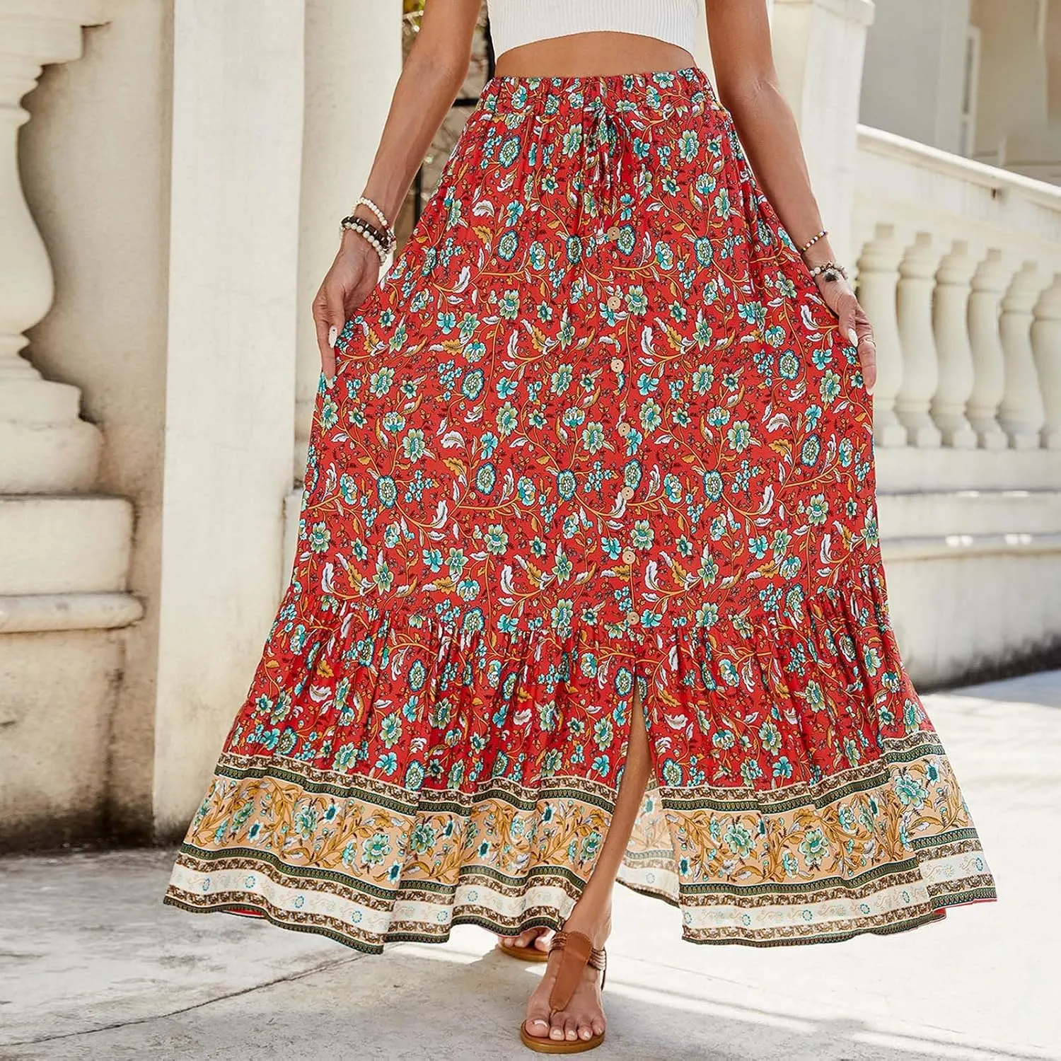 Boho Maxi Skirt Summer Vacation Casual High Elastic Waist Bohemian Graphic Boha Floral Print Skirt Trendy Streetwear