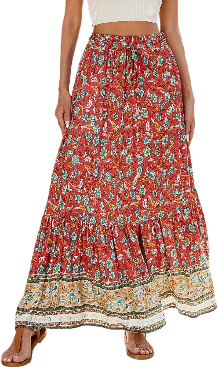 Boho Maxi Skirt Summer Vacation Casual High Elastic Waist Bohemian Graphic Boha Floral Print Skirt Trendy Streetwear