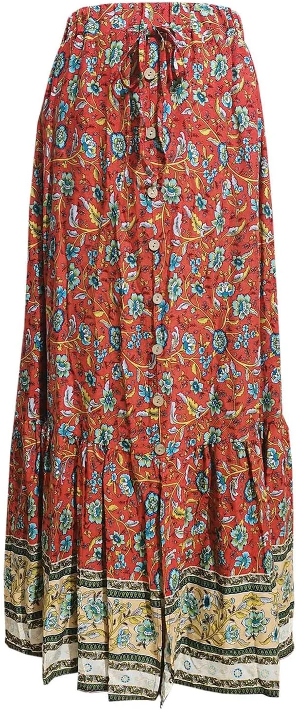 Boho Maxi Skirt Summer Vacation Casual High Elastic Waist Bohemian Graphic Boha Floral Print Skirt Trendy Streetwear