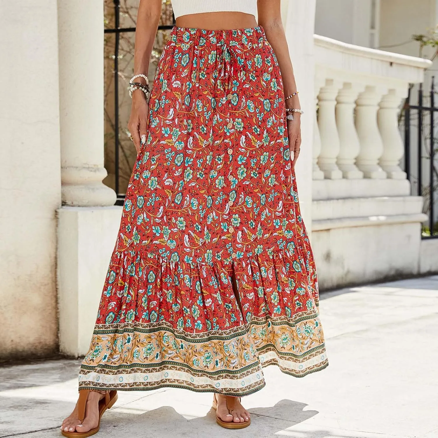 Boho Maxi Skirt Summer Vacation Casual High Elastic Waist Bohemian Graphic Boha Floral Print Skirt Trendy Streetwear