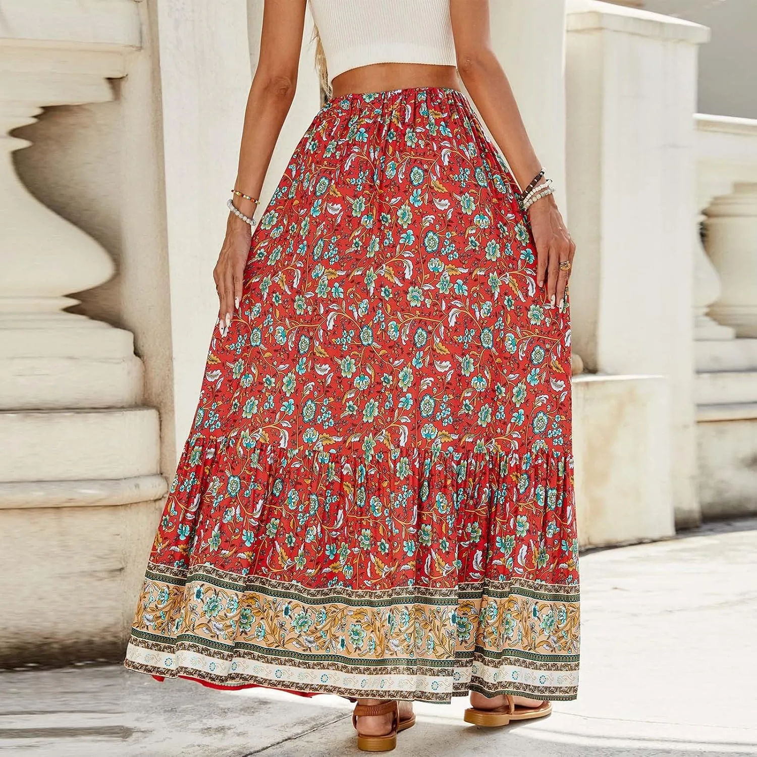 Boho Maxi Skirt Summer Vacation Casual High Elastic Waist Bohemian Graphic Boha Floral Print Skirt Trendy Streetwear