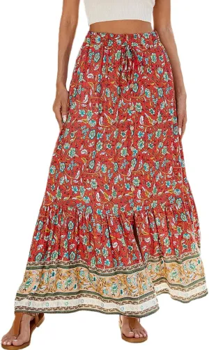 Boho Maxi Skirt Summer Vacation Casual High Elastic Waist Bohemian Graphic Boha Floral Print Skirt Trendy Streetwear