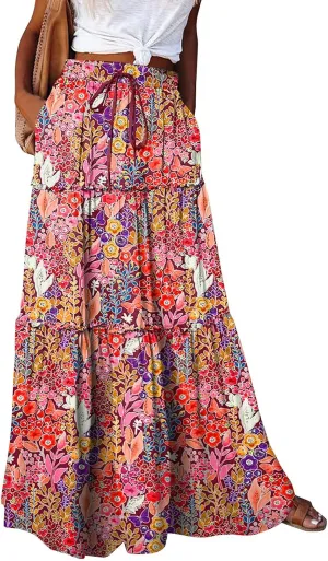 Boho Skirts for Women Trendy Casual Floral Maxi Skirt Loose Drawstring Elastic Waist Tiered Flowy Skirt A Line Skirt