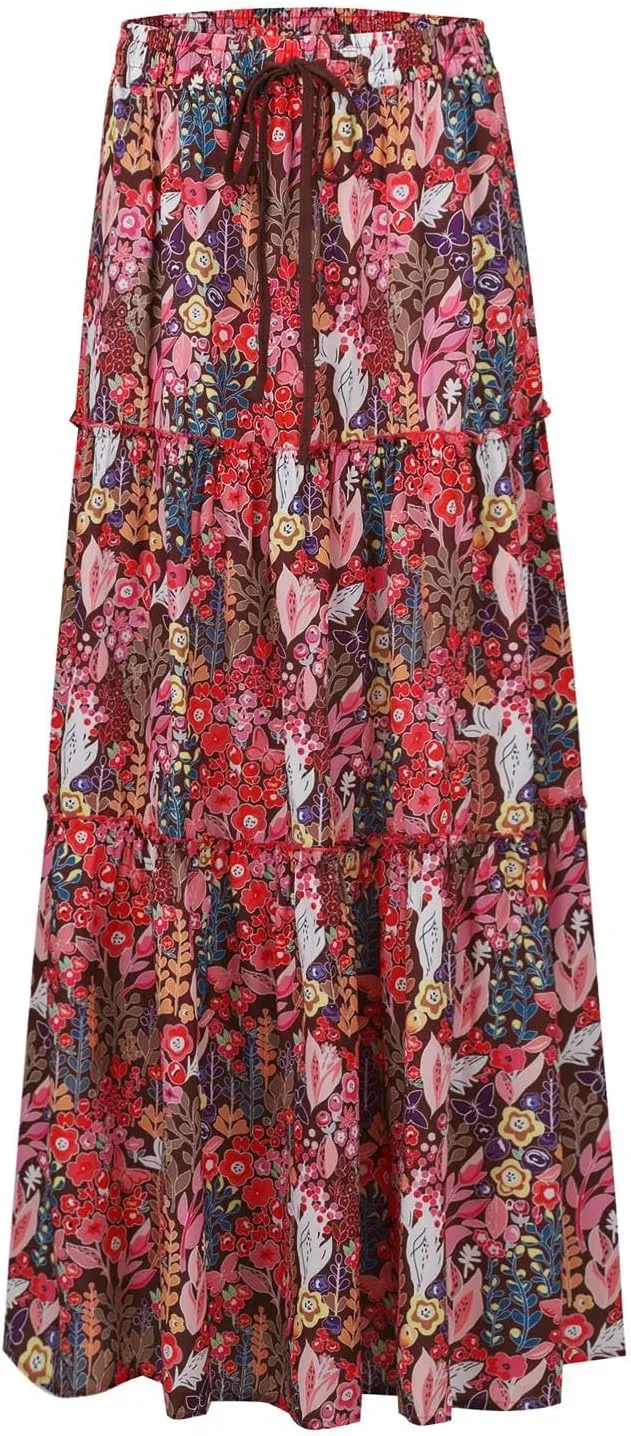 Boho Skirts for Women Trendy Casual Floral Maxi Skirt Loose Drawstring Elastic Waist Tiered Flowy Skirt A Line Skirt