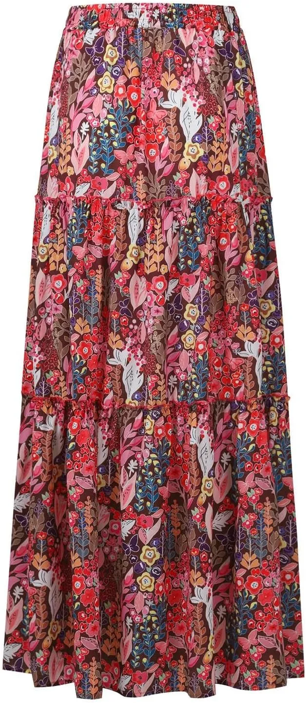 Boho Skirts for Women Trendy Casual Floral Maxi Skirt Loose Drawstring Elastic Waist Tiered Flowy Skirt A Line Skirt
