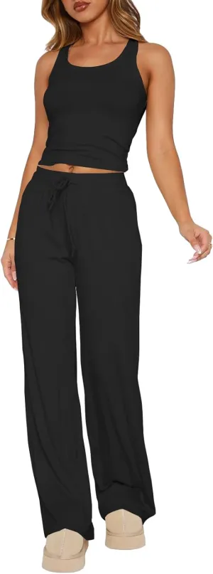 BONITEE Womens Loungewear Set 2 Piece Pajama Sets Summer Sleeveless Crop Tank Tops Wide Leg Pants Lounge Outfits