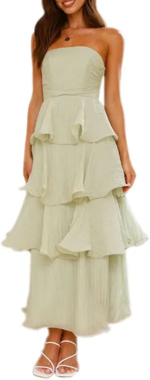 Bonnorth Womens Summer Strapless Maxi Dress Ruffle Tiered Solid Backless Smocked Elegant Flowy Beach Long Dresses