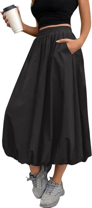Bubble Long Skirts for Women Midi Length Trendy 2025 Summer Vacation Elastic High Waisted Flowy Skirt with Pockets