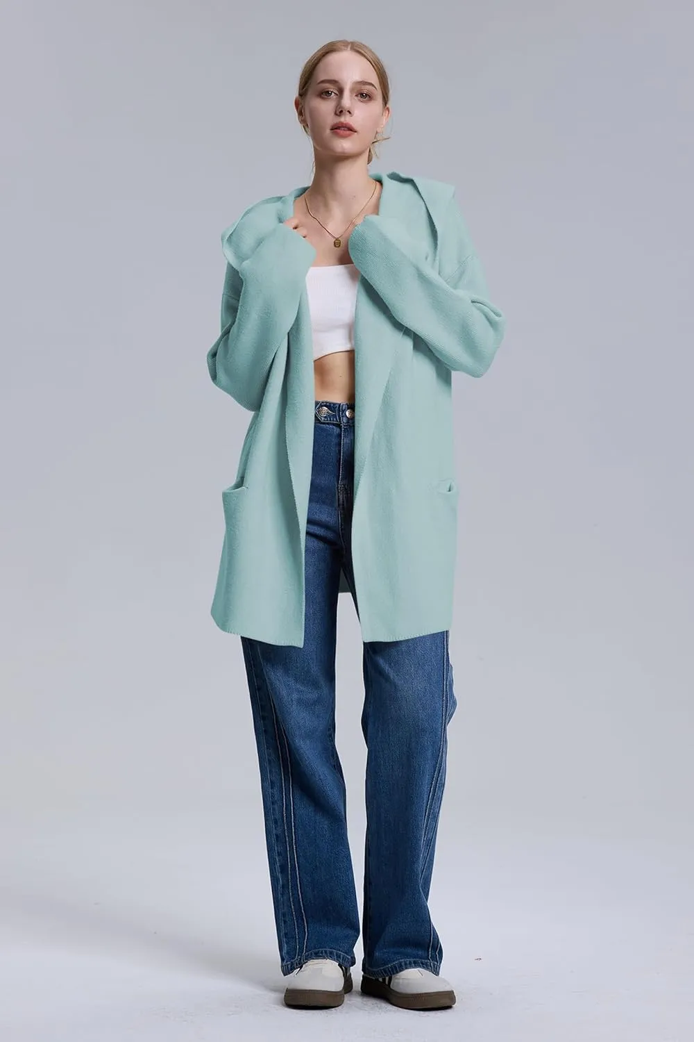 Cakulo Womens Long Hooded Cardigan Sweaters 2024 Oversized Cardigans Open Front Fall Knit Sweater Coat with Pockets