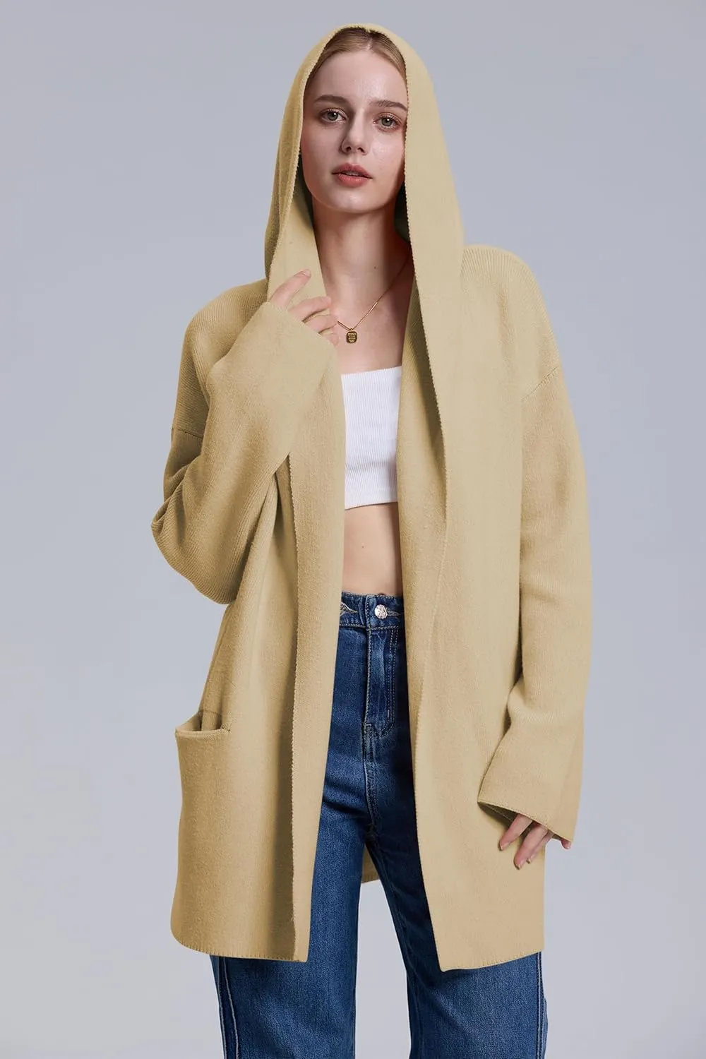 Cakulo Womens Long Hooded Cardigan Sweaters 2024 Oversized Cardigans Open Front Fall Knit Sweater Coat with Pockets