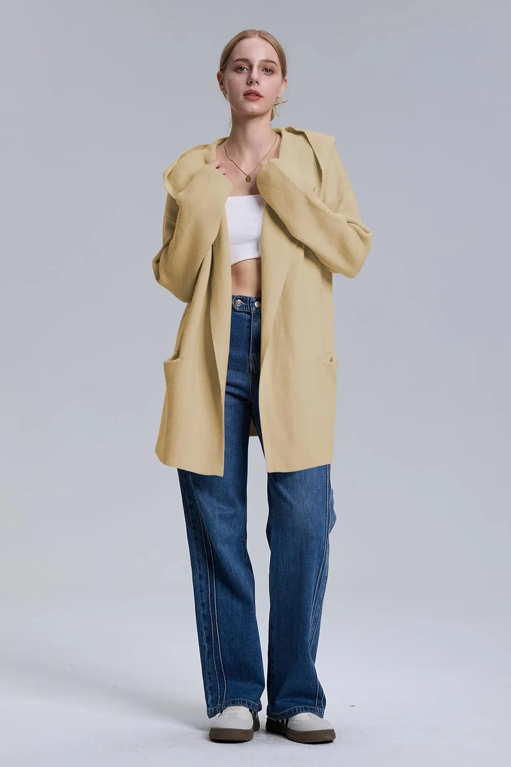 Cakulo Womens Long Hooded Cardigan Sweaters 2024 Oversized Cardigans Open Front Fall Knit Sweater Coat with Pockets