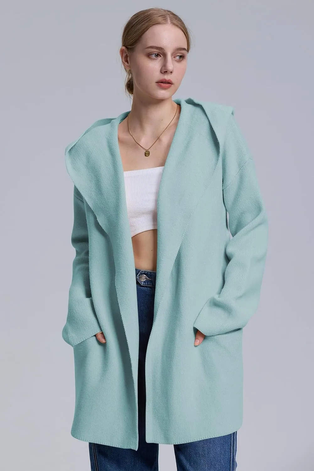 Cakulo Womens Long Hooded Cardigan Sweaters 2024 Oversized Cardigans Open Front Fall Knit Sweater Coat with Pockets