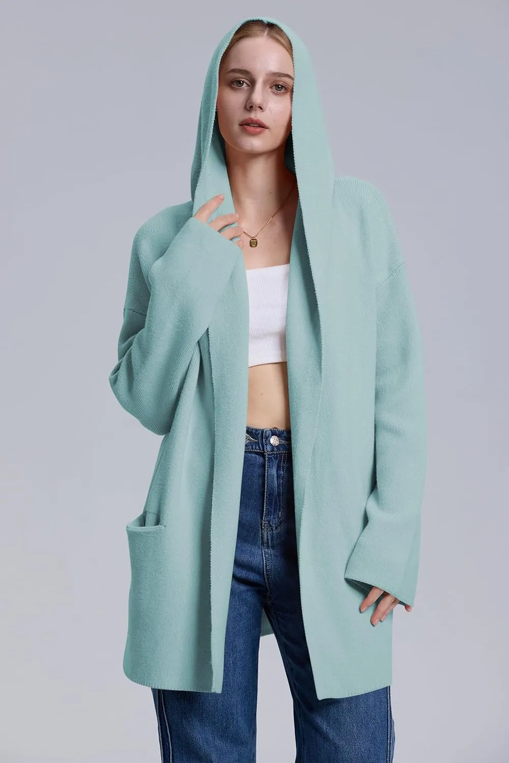 Cakulo Womens Long Hooded Cardigan Sweaters 2024 Oversized Cardigans Open Front Fall Knit Sweater Coat with Pockets
