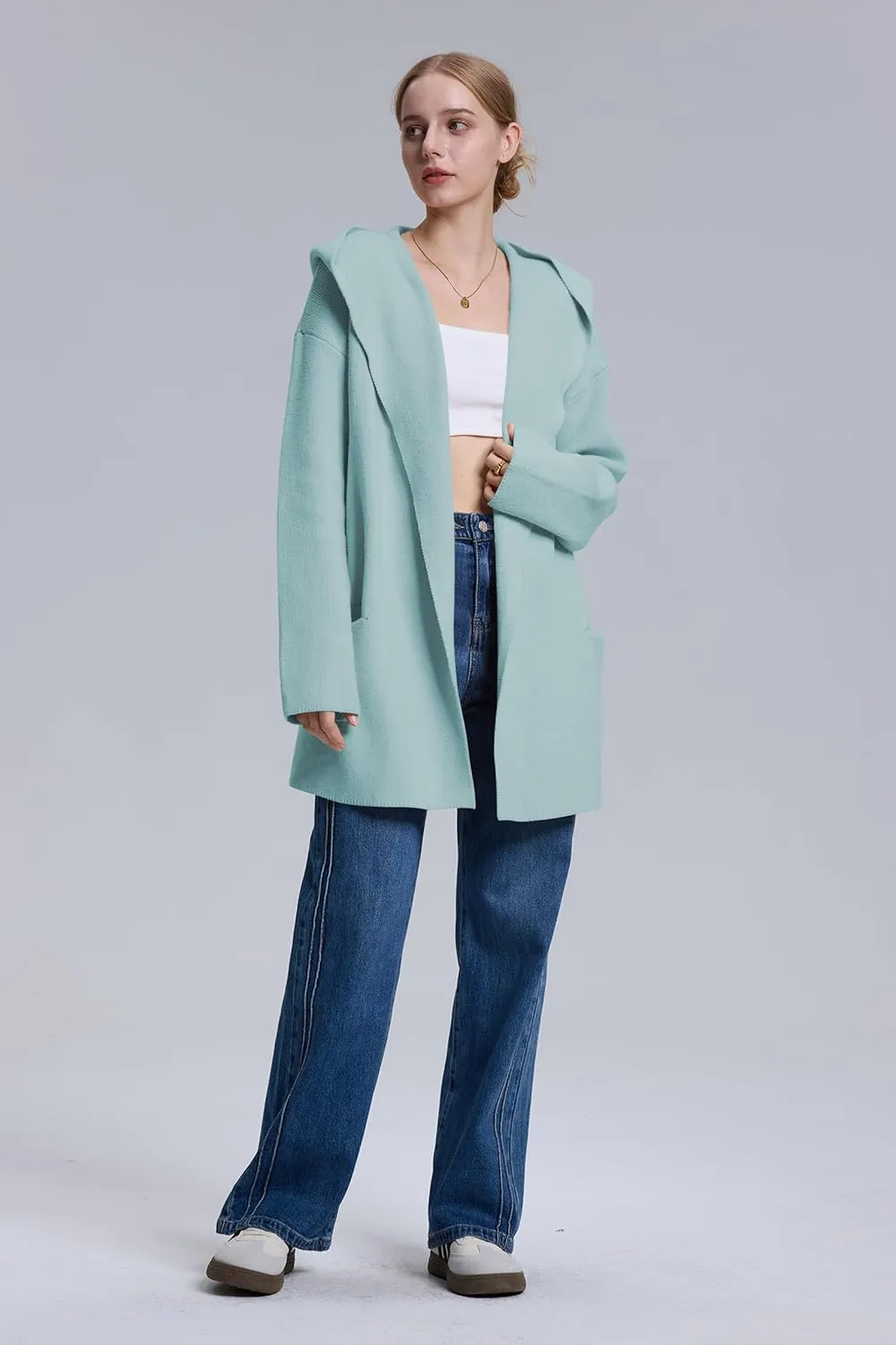 Cakulo Womens Long Hooded Cardigan Sweaters 2024 Oversized Cardigans Open Front Fall Knit Sweater Coat with Pockets