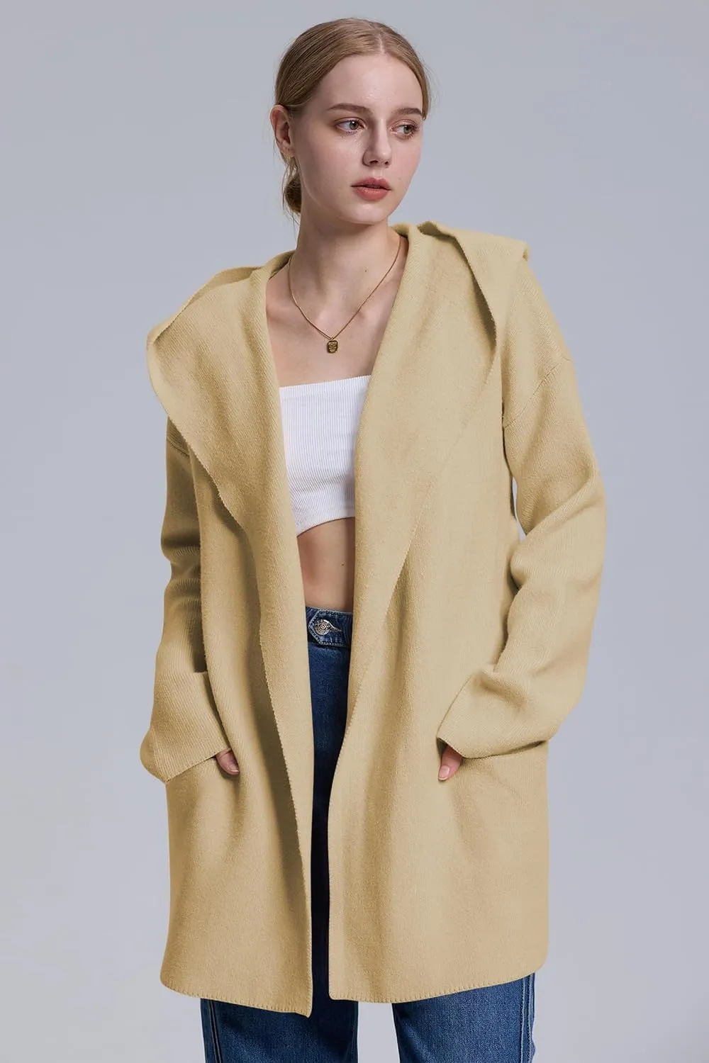 Cakulo Womens Long Hooded Cardigan Sweaters 2024 Oversized Cardigans Open Front Fall Knit Sweater Coat with Pockets