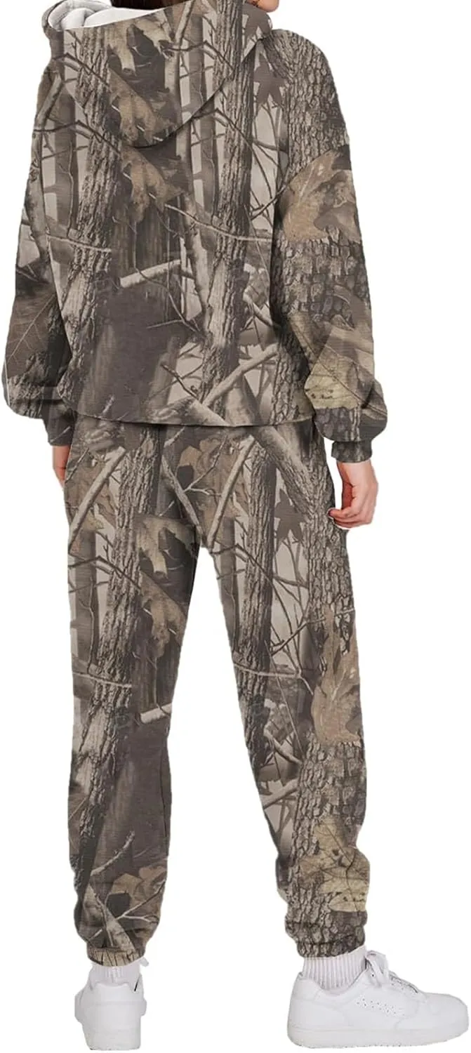 Camo Sweatsuits for Women - 2 Piece Set with Oversized Maple Leaf Print Hooded Sweatshirt & Baggy Camo Sweatpants