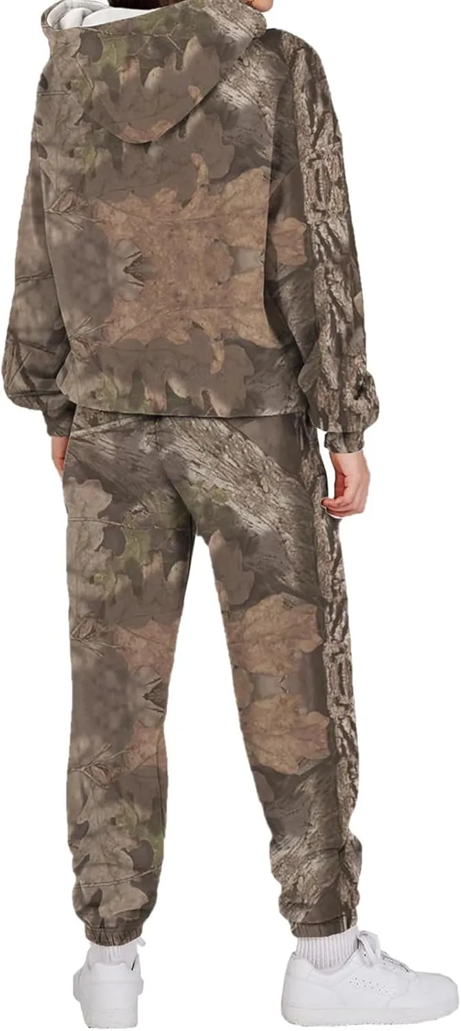 Camo Sweatsuits for Women - 2 Piece Set with Oversized Maple Leaf Print Hooded Sweatshirt & Baggy Camo Sweatpants