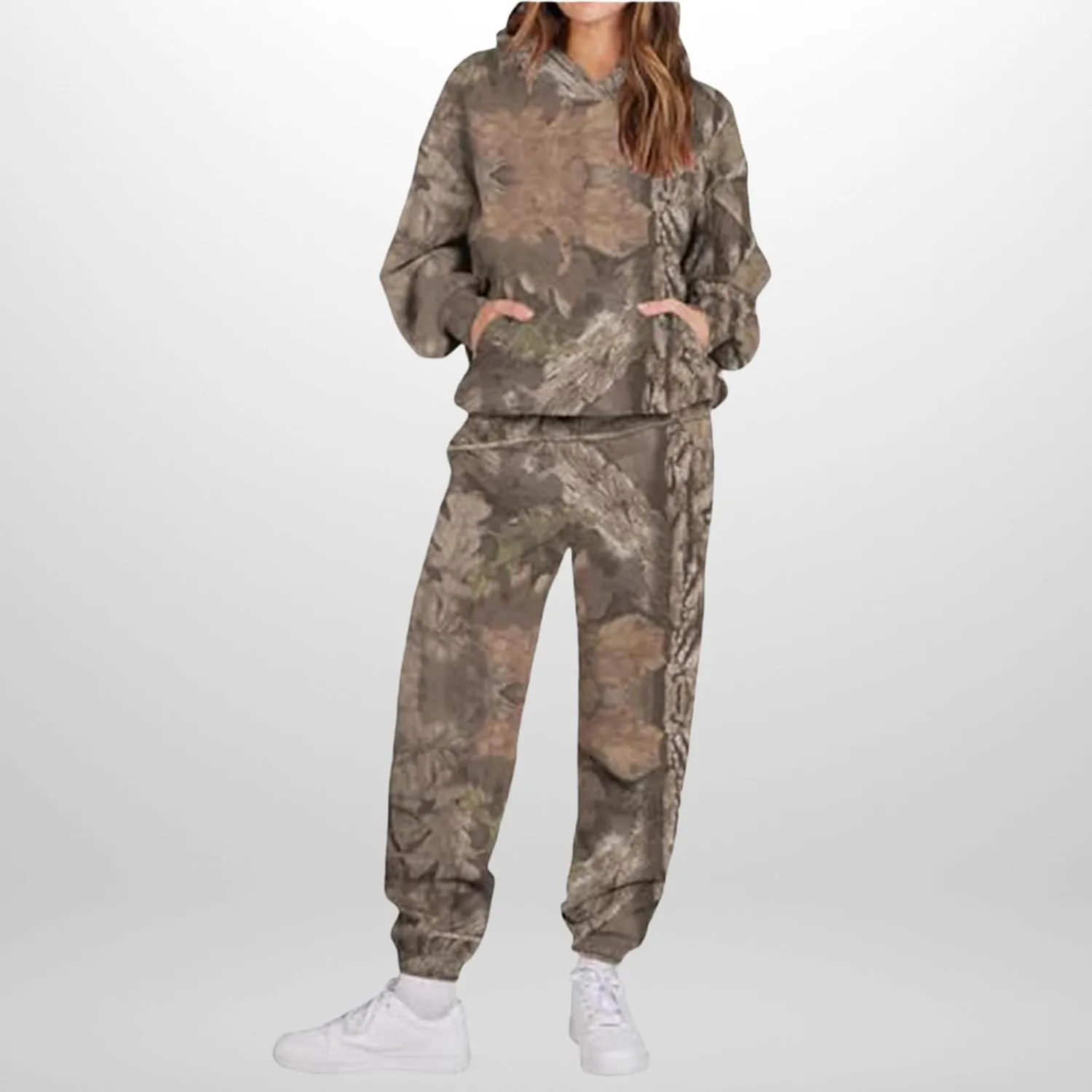 Camo Sweatsuits for Women - 2 Piece Set with Oversized Maple Leaf Print Hooded Sweatshirt & Baggy Camo Sweatpants