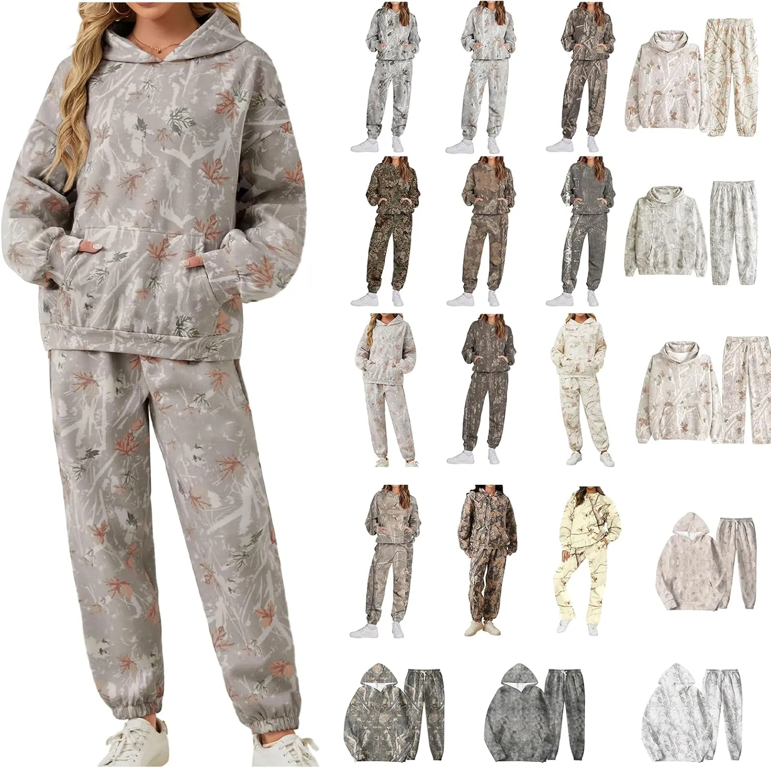 Camo Sweatsuits for Women - 2 Piece Set with Oversized Maple Leaf Print Hooded Sweatshirt & Baggy Camo Sweatpants