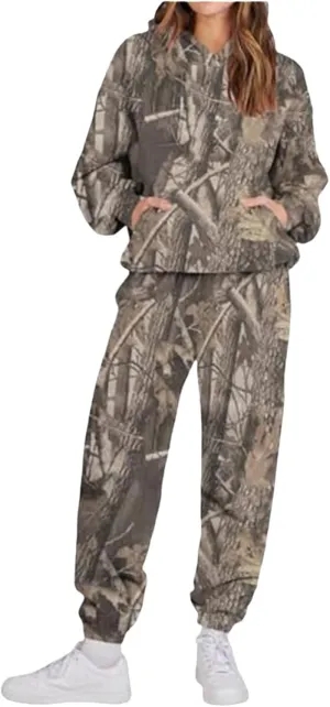 Camo Sweatsuits for Women - 2 Piece Set with Oversized Maple Leaf Print Hooded Sweatshirt & Baggy Camo Sweatpants