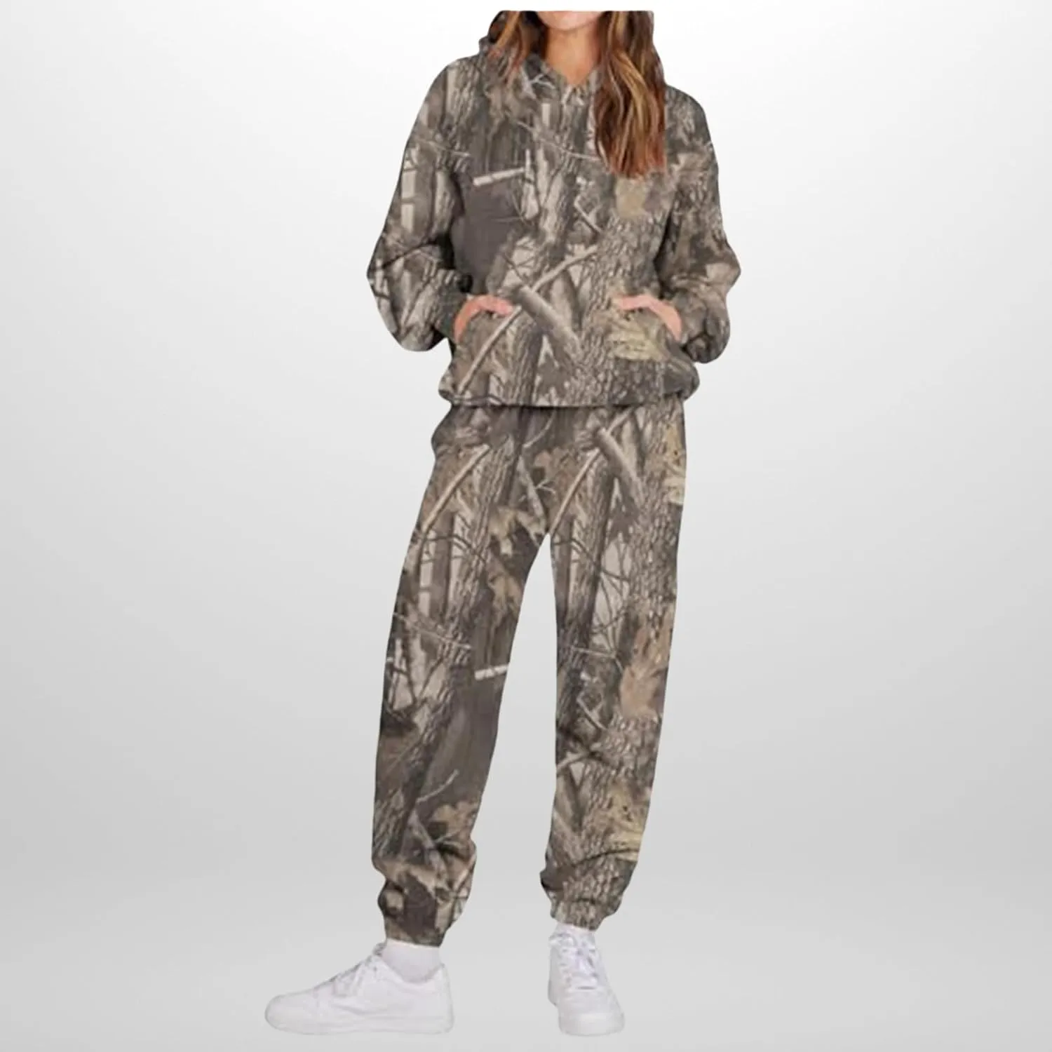 Camo Sweatsuits for Women - 2 Piece Set with Oversized Maple Leaf Print Hooded Sweatshirt & Baggy Camo Sweatpants