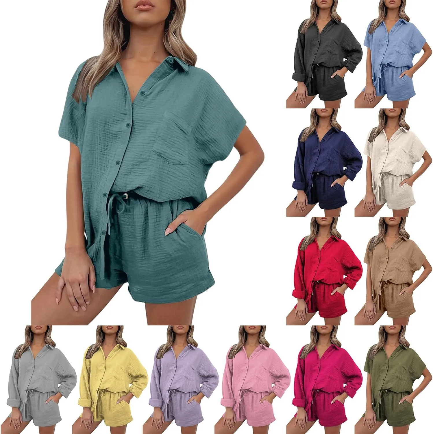 Canbebig 2 Piece Sets for Women Summer Cotton Linen Lounge Set Oversized Shirts and Shorts Tracksuits Loungewear with Pockets