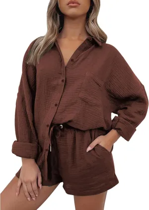 Canbebig 2 Piece Sets for Women Summer Cotton Linen Lounge Set Oversized Shirts and Shorts Tracksuits Loungewear with Pockets