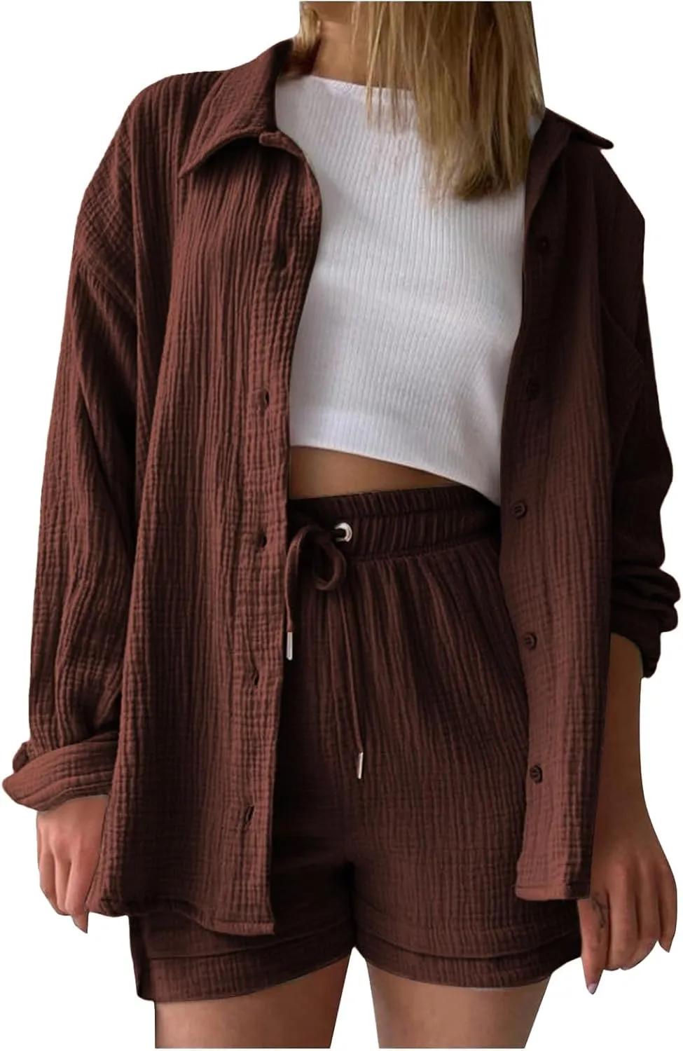 Canbebig 2 Piece Sets for Women Summer Cotton Linen Lounge Set Oversized Shirts and Shorts Tracksuits Loungewear with Pockets