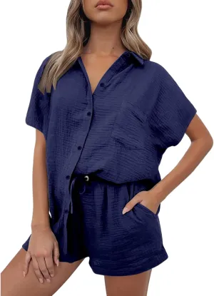 Canbebig 2 Piece Sets for Women Summer Cotton Linen Lounge Set Oversized Shirts and Shorts Tracksuits Loungewear with Pockets
