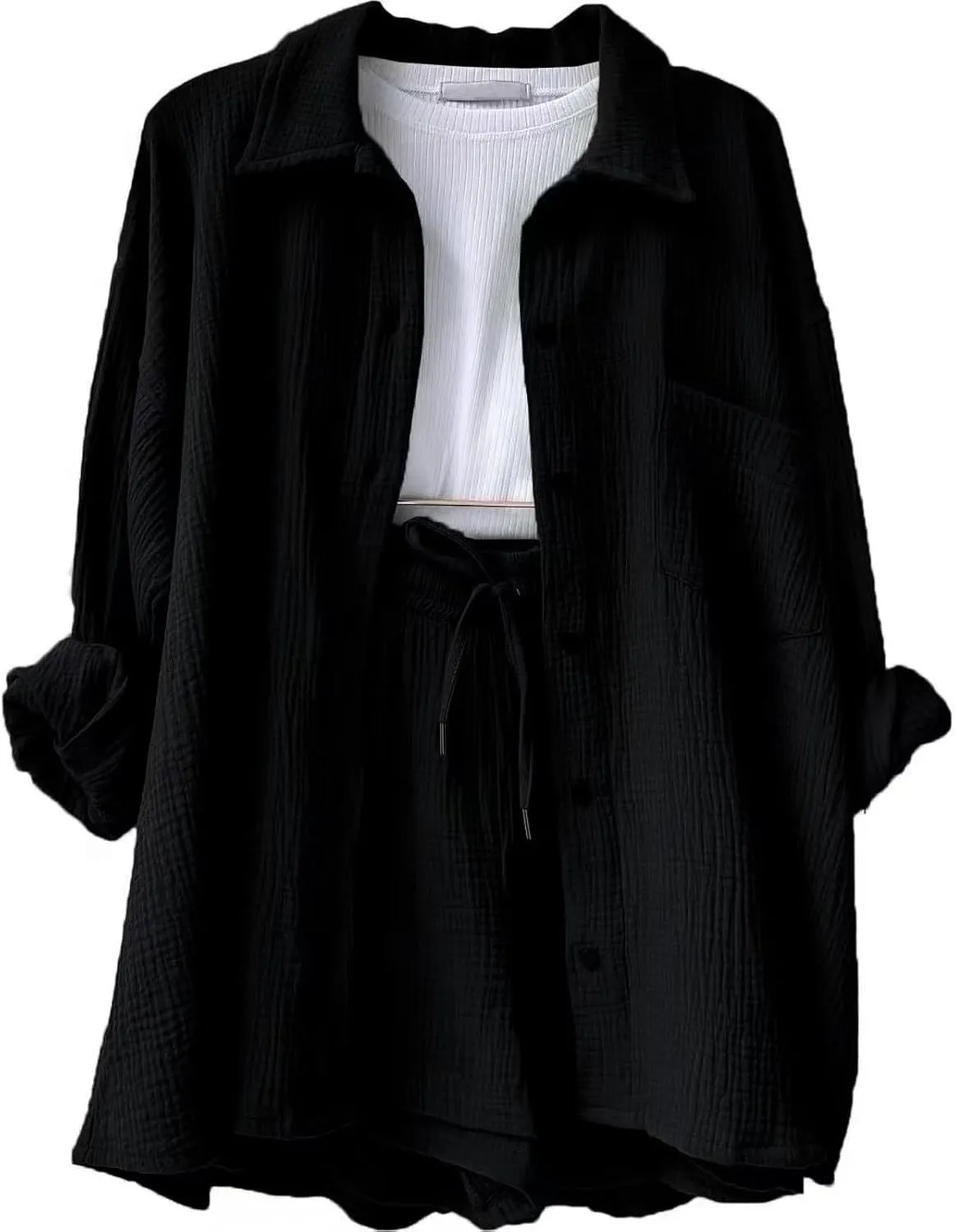 Canbebig 2 Piece Sets for Women Summer Cotton Linen Lounge Set Oversized Shirts and Shorts Tracksuits Loungewear with Pockets