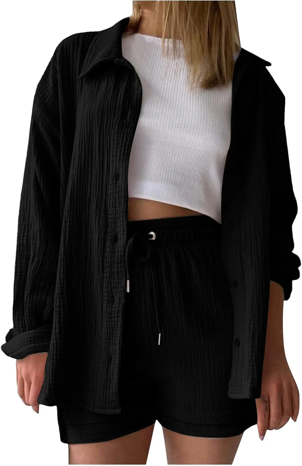 Canbebig 2 Piece Sets for Women Summer Cotton Linen Lounge Set Oversized Shirts and Shorts Tracksuits Loungewear with Pockets