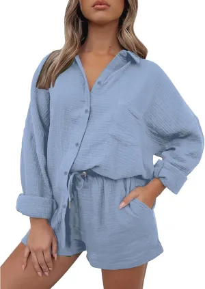 Canbebig 2 Piece Sets for Women Summer Cotton Linen Lounge Set Oversized Shirts and Shorts Tracksuits Loungewear with Pockets