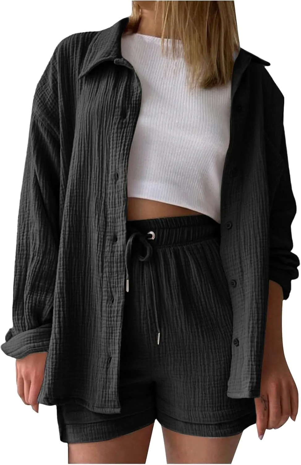 Canbebig 2 Piece Sets for Women Summer Cotton Linen Lounge Set Oversized Shirts and Shorts Tracksuits Loungewear with Pockets
